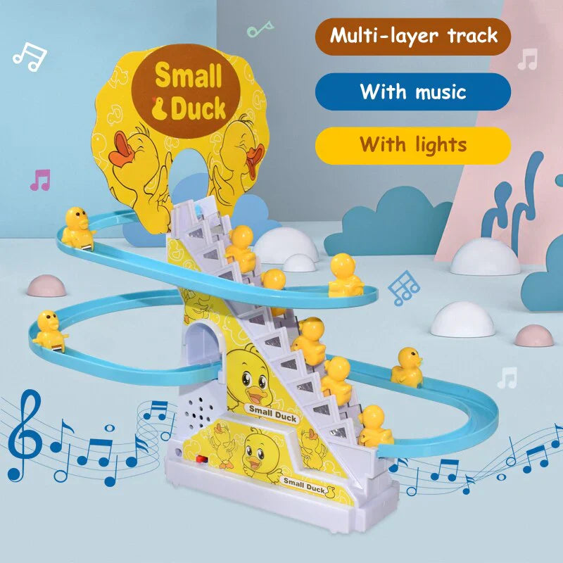 Ramadan Sale – Kids Musical Duck Climbing Stairs Toy Track Set with Lights & Sound