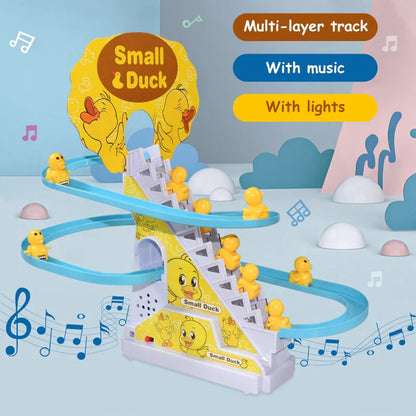 Ramadan Sale – Kids Musical Duck Climbing Stairs Toy Track Set with Lights & Sound