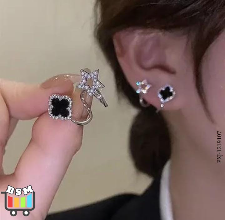 Sparkling Clover Star Earrings – Gold Plated with Black Enamel & Crystals
