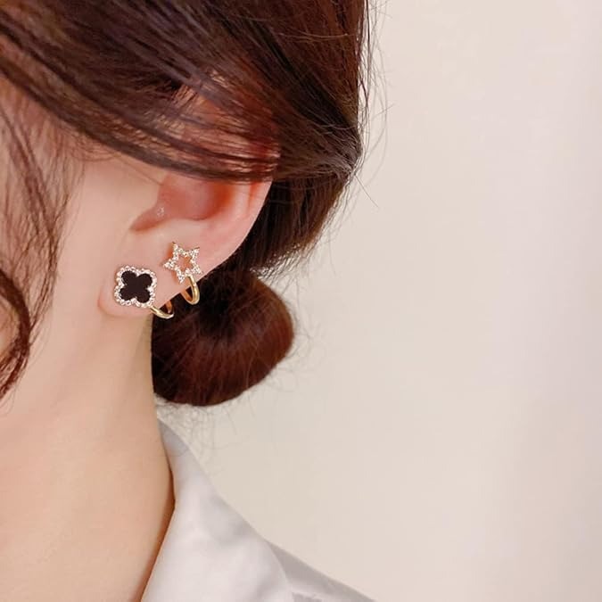 Sparkling Clover Star Earrings – Gold Plated with Black Enamel & Crystals