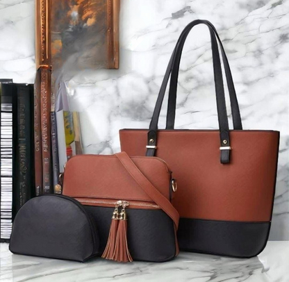 3‑Piece Tote Handbag Set – Black & Skin, Elegant Premium Quality