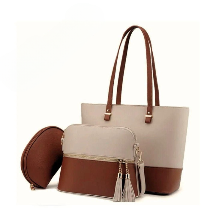 3‑Piece Tote Handbag Set – Black & Skin, Elegant Premium Quality