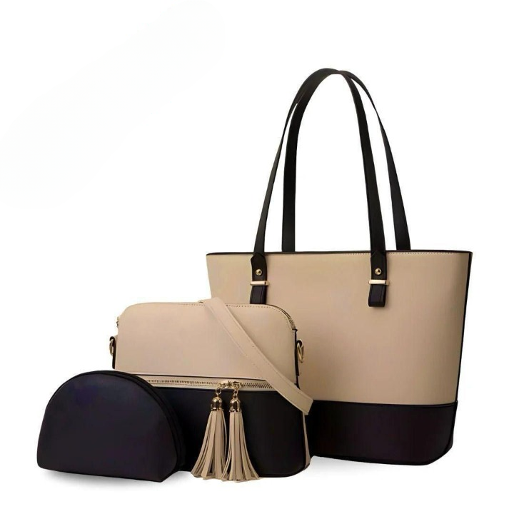 3‑Piece Tote Handbag Set – Black & Skin, Elegant Premium Quality