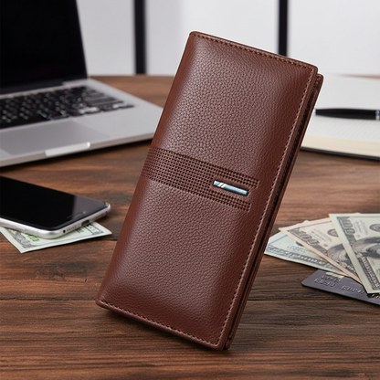Men’s Leather Long Wallet – Slim PU, Money & Card Holder