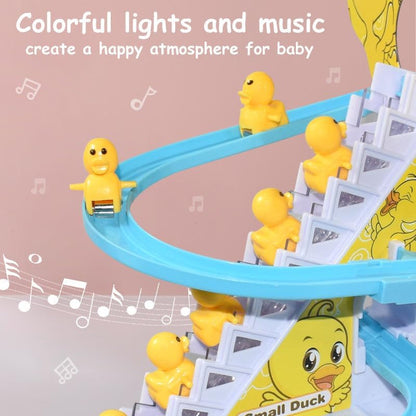 Ramadan Sale – Kids Musical Duck Climbing Stairs Toy Track Set with Lights & Sound